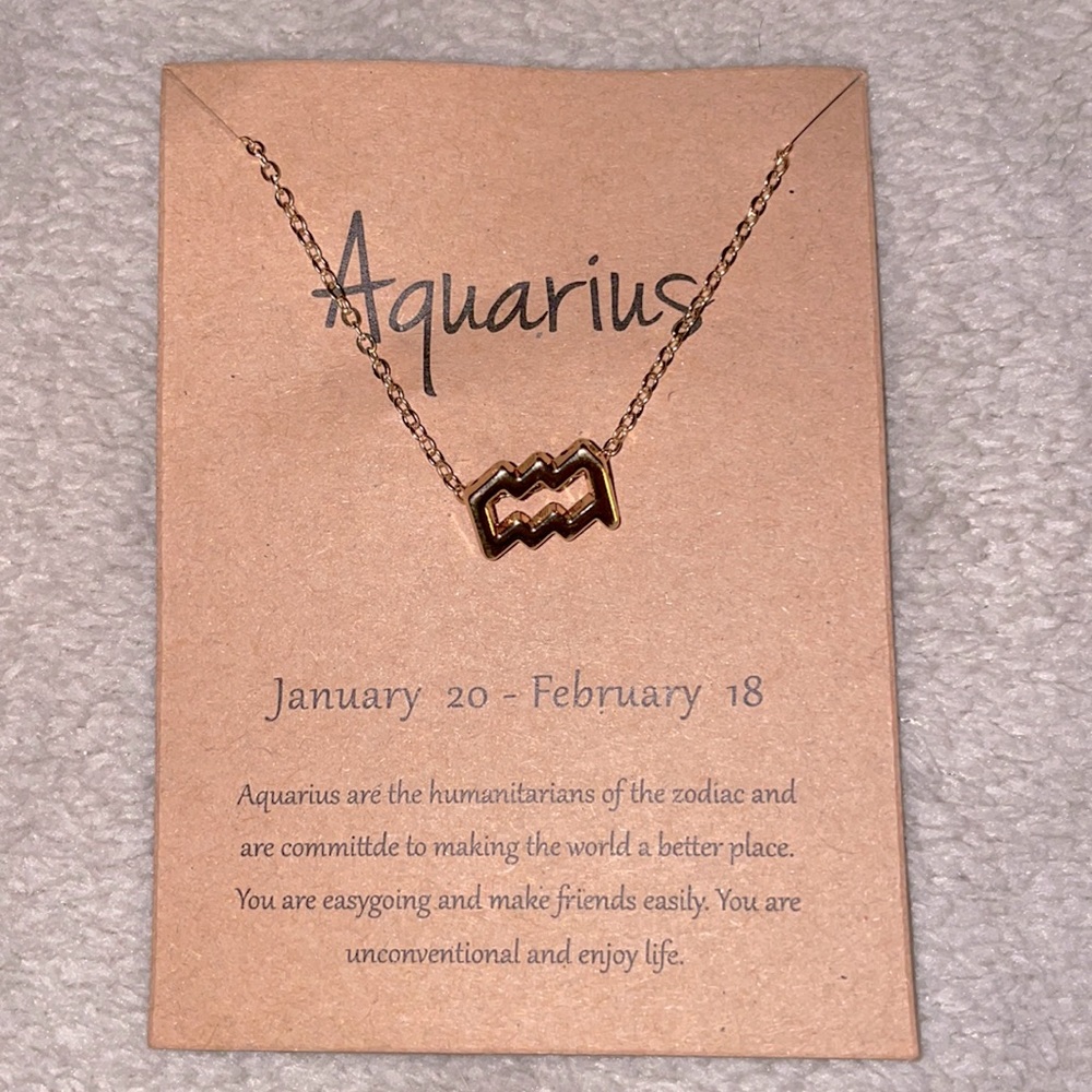 Aquarius Zodiac Sign Necklace, Gold, 16” chain
